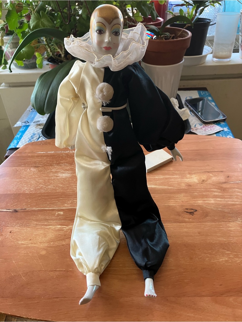 Pierrot Harlequin Porcelain Doll in Black & Cream Costume
